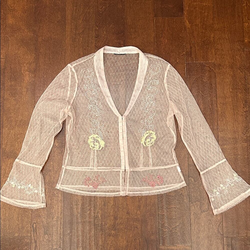 Dusty Rose Swiss Dot Sheer Lace Embroidered Hook & Eye Top, Bell Sleeves, Size M